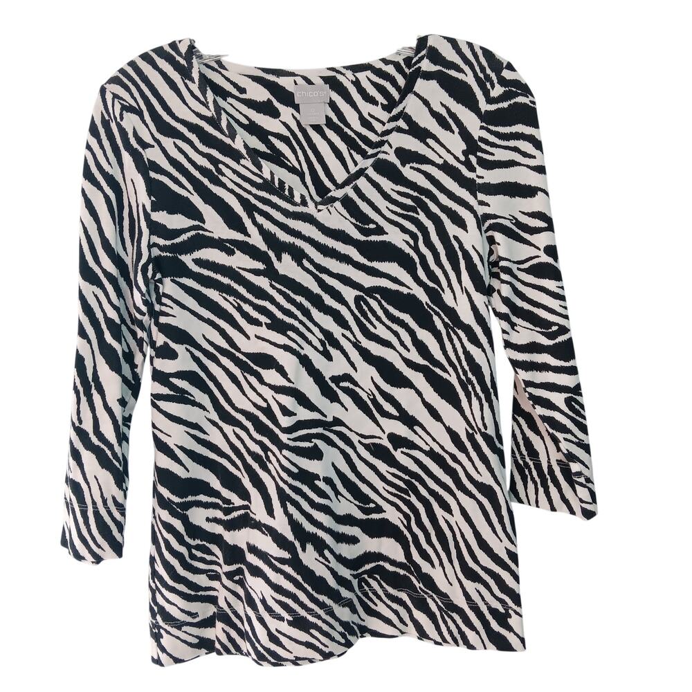 EUC Chico's Sz 0 (Small) Black White Zebra Striped 3/4 Sleeve V-Neck Cotton Top